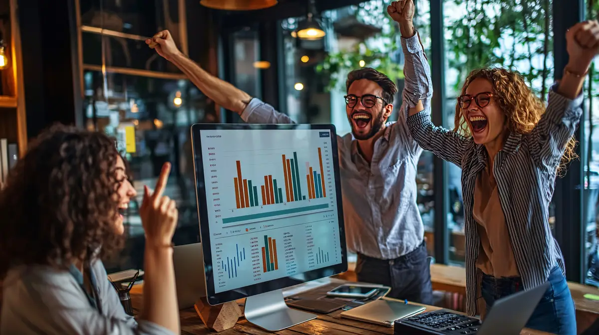 Marketing Team Celebrating Successful Social Media Campaign with Analytics Dashboard