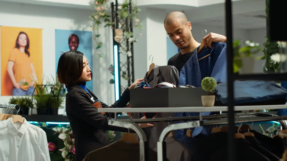 Diverse people discussing about fashion trends and assortments in a retail store