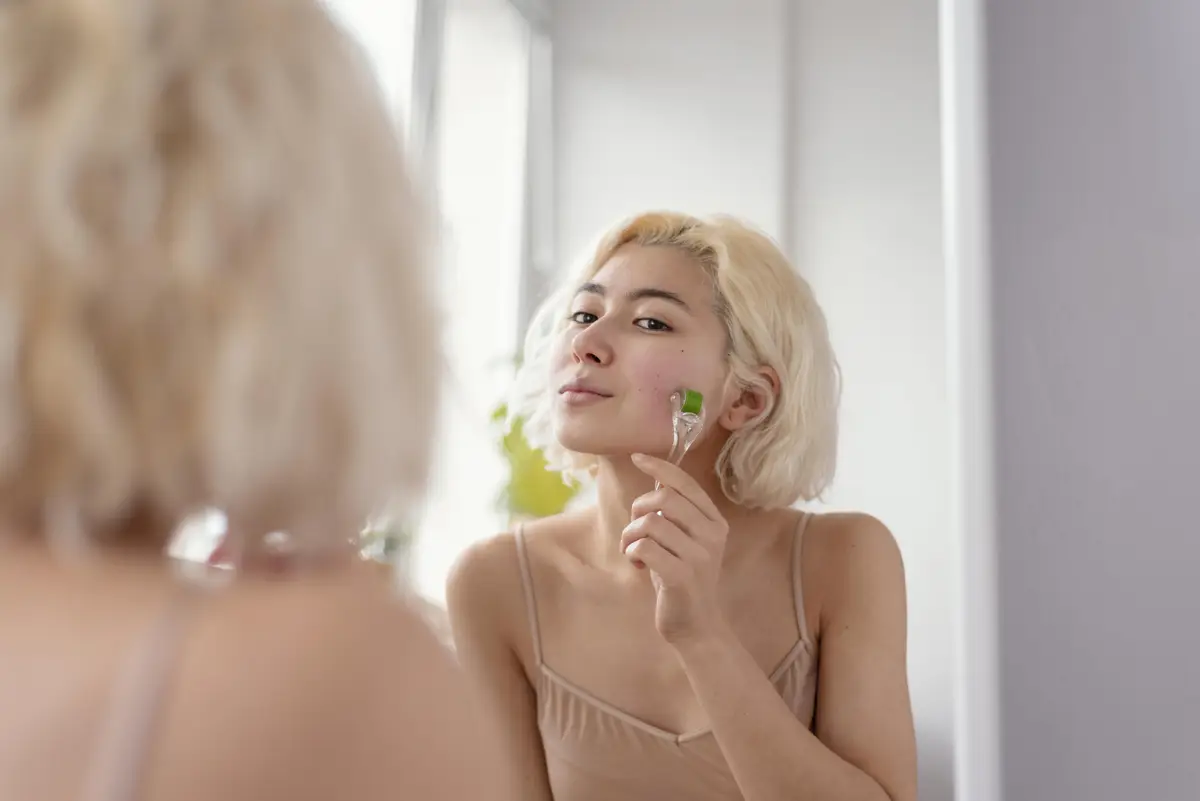 Close up woman massaging her face