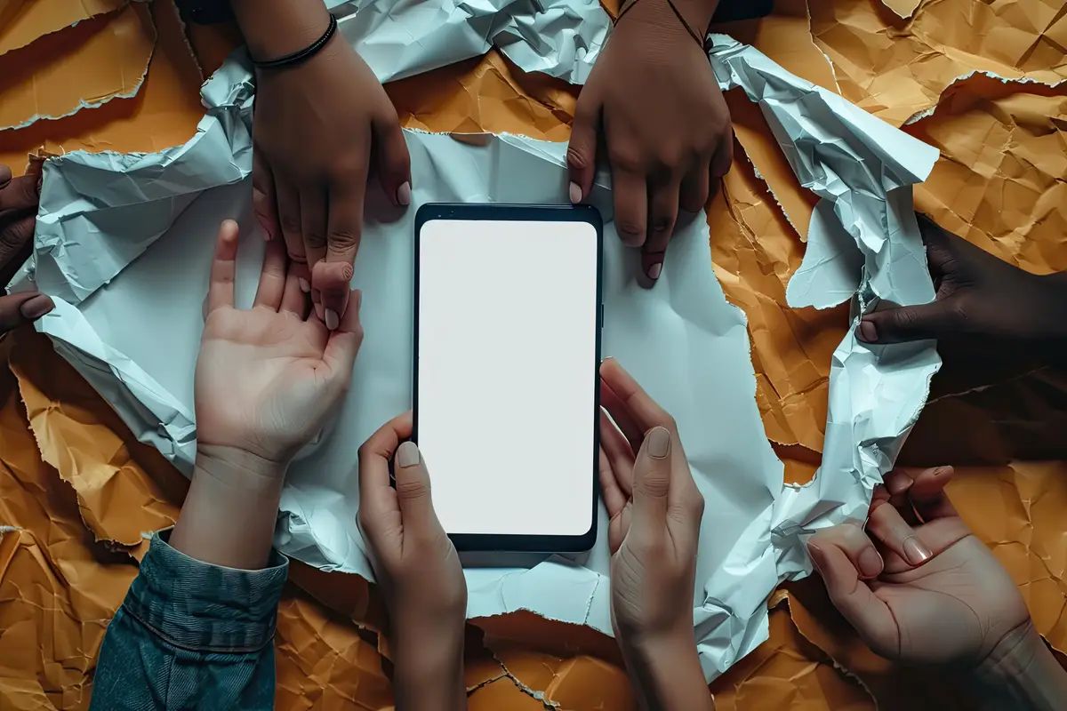 Diverse pople showing white empty smartphone screen through torn paper