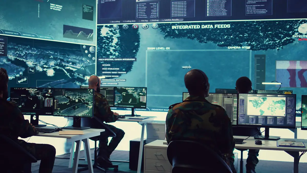 Military crew working in reconnaissance control tower power base