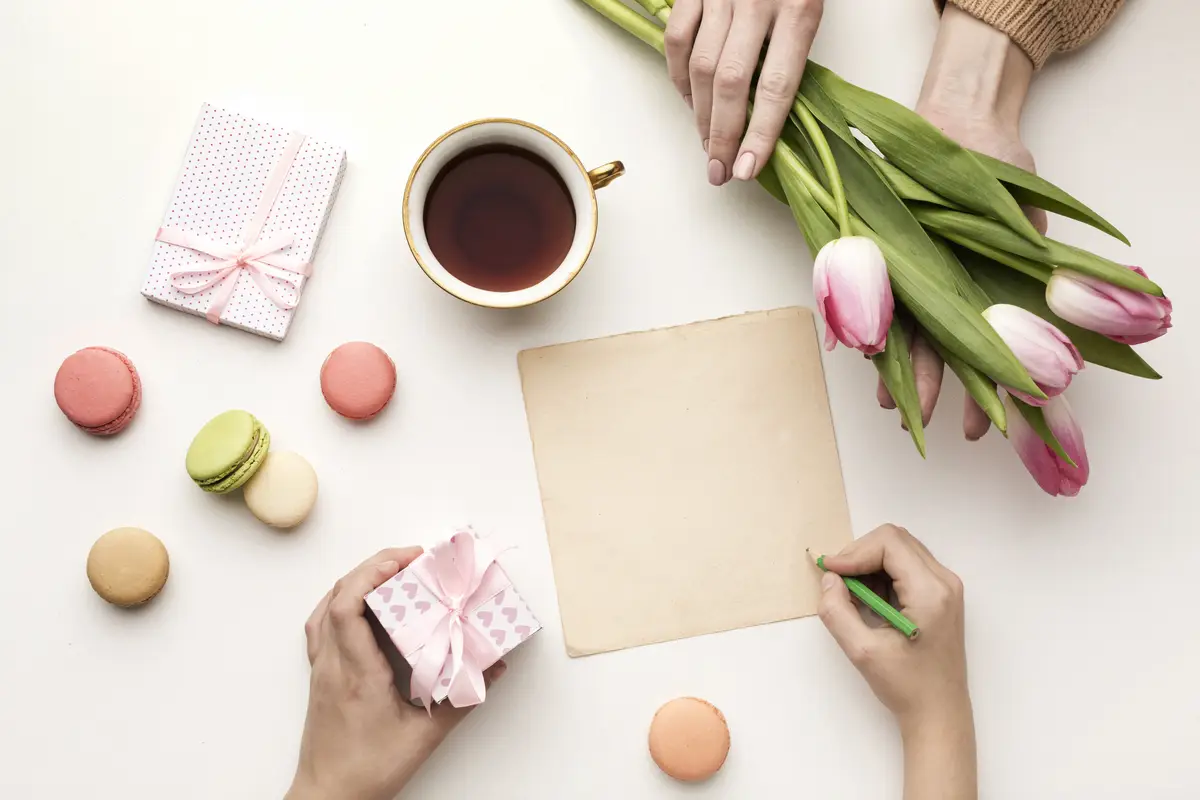 Mothers day surprise with flowers bouquet and sweets