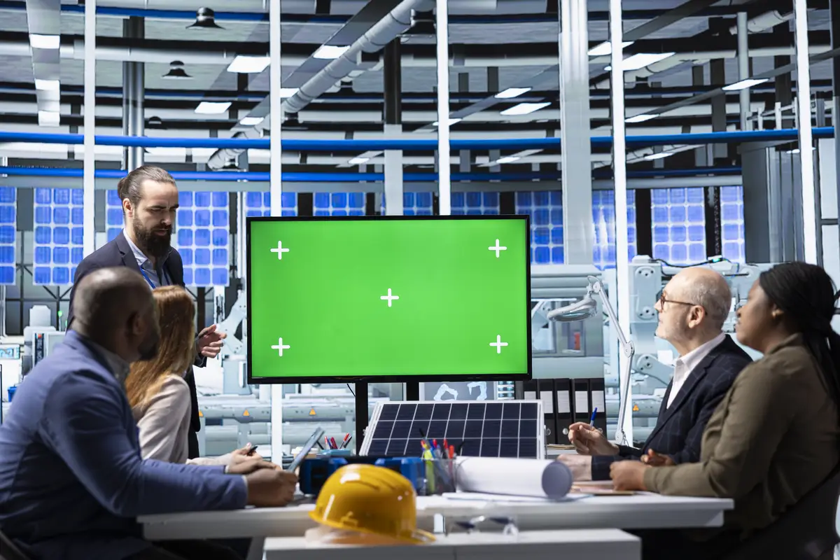 Investors interested in factory analyze revenue streams on green screen monitor