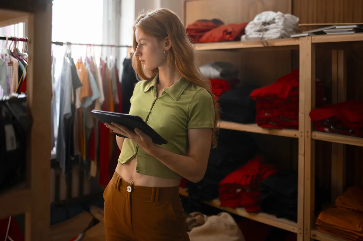 Side view woman at thrift shop