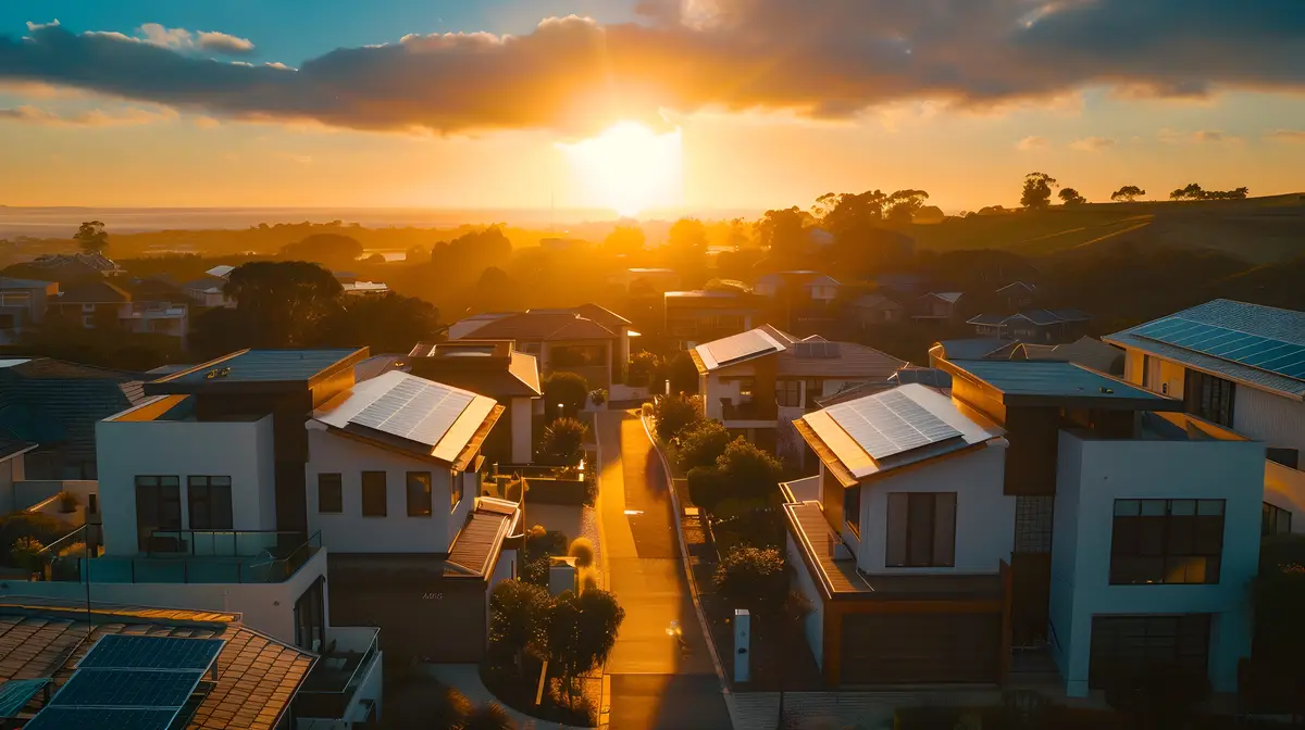 Gleaming Solar Panels Atop Homes Under Vibrant Sunrise Skyline