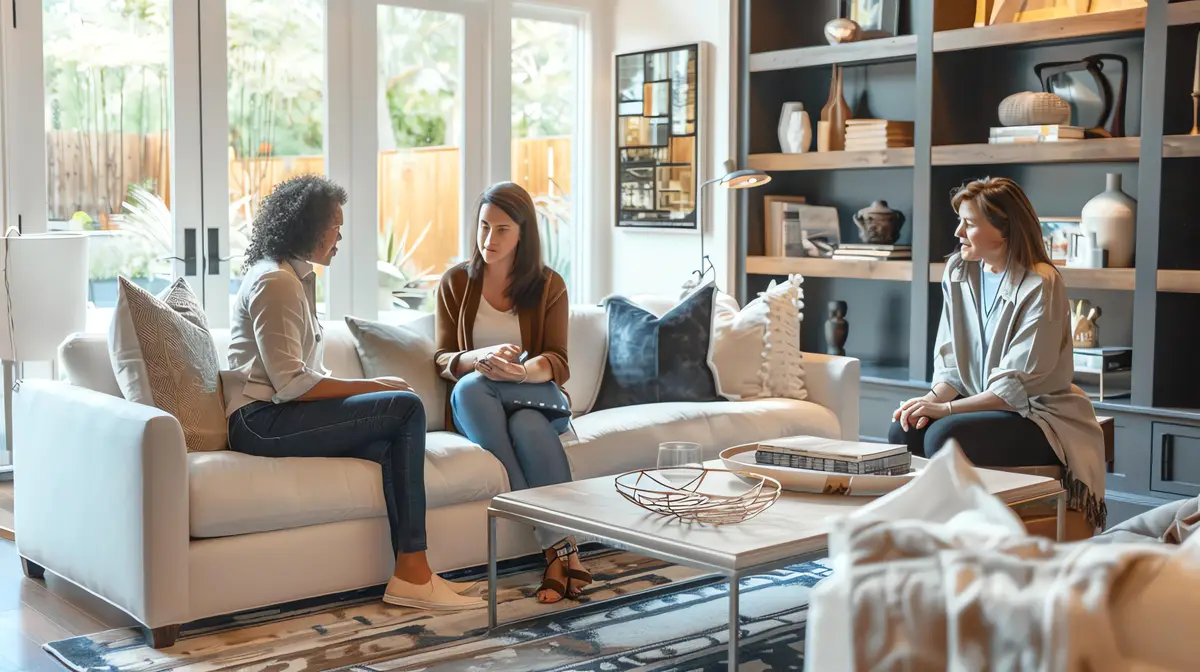 Three businesswomen having a meeting in a modern living room They are sitting on a white sofa and talking