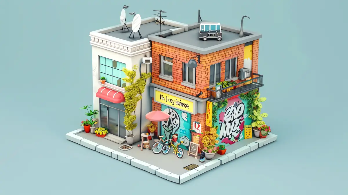 3D illustration of a colorful building with graffiti and a small street