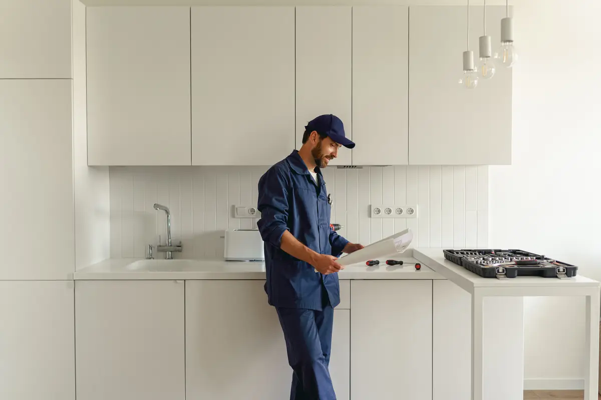 Handyman in uniform standing on kitchen with home plan before starting work