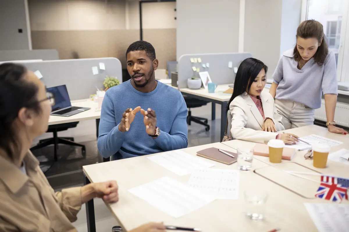People learning new language at work