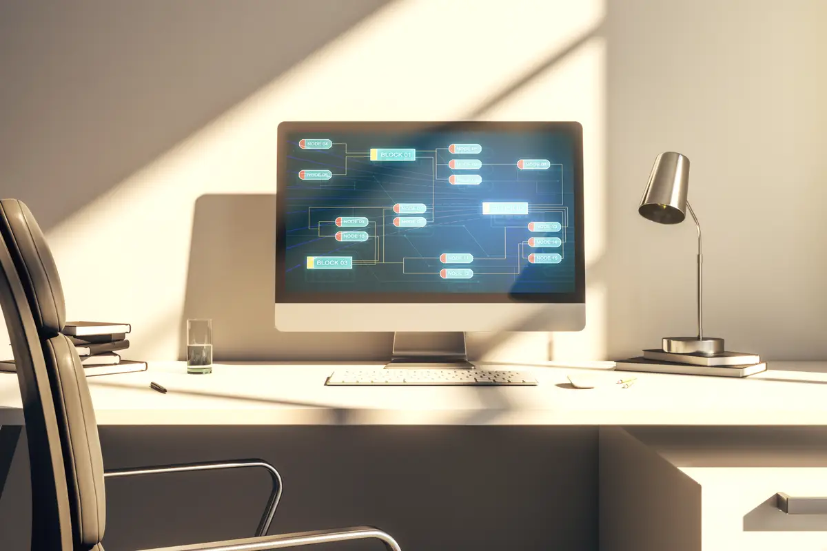 Computer monitor with abstract creative programming illustration big data and blockchain concept 3D Rendering