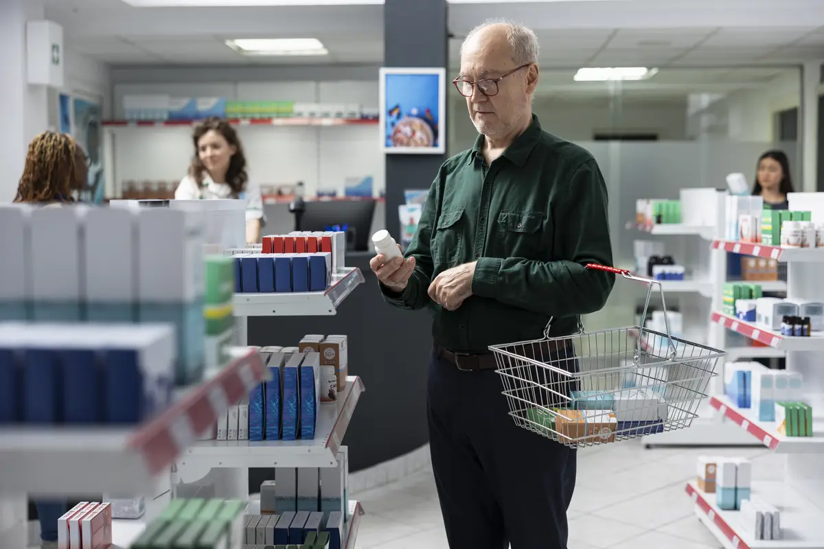 Senior person visiting the apothecary to search for self care supplements pharmacy business scene