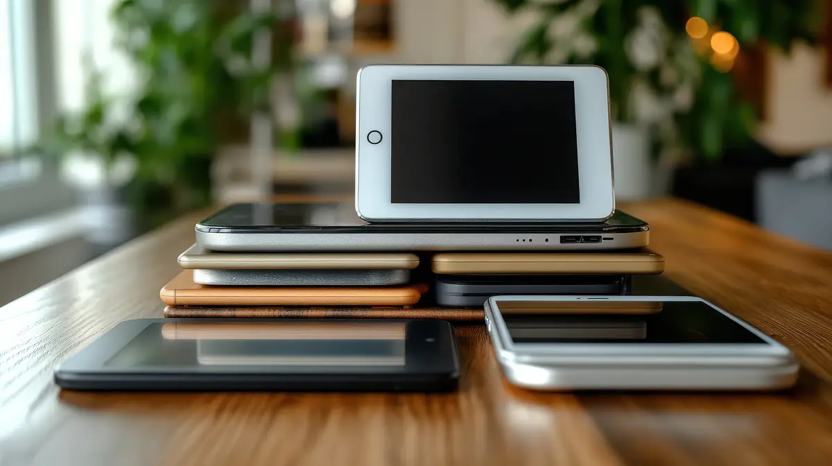 A Stack of Modern Devices Featuring Laptops Smartphones and Tablets on a Wooden Table with Soft Lighting