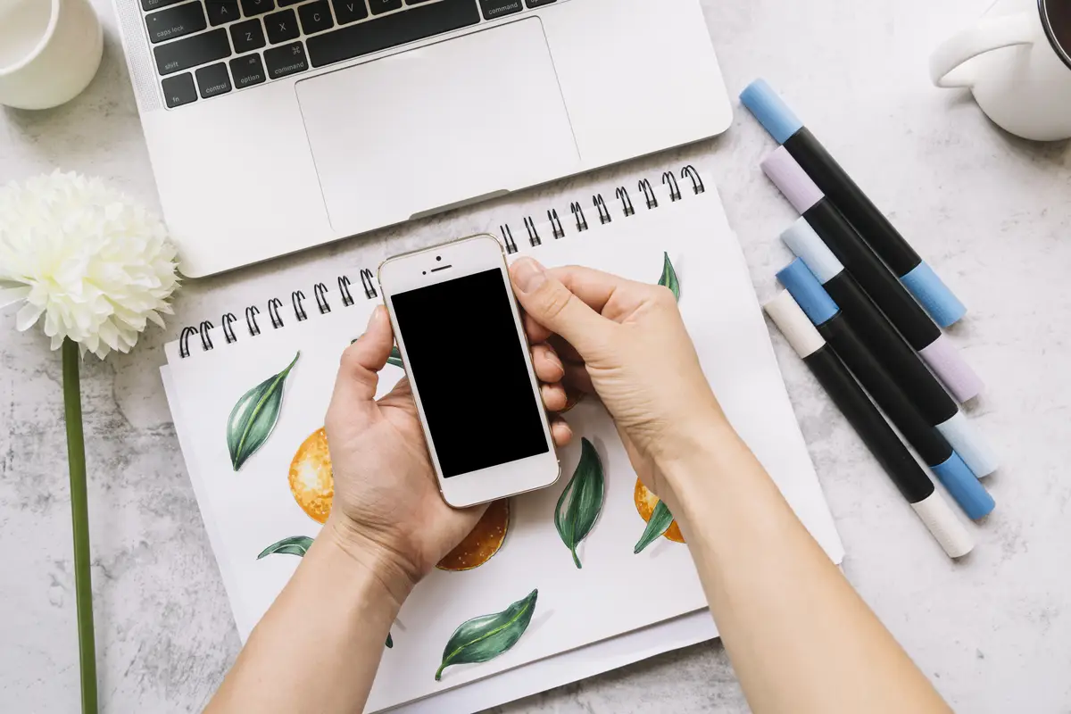 Modern office desk composition with technological device