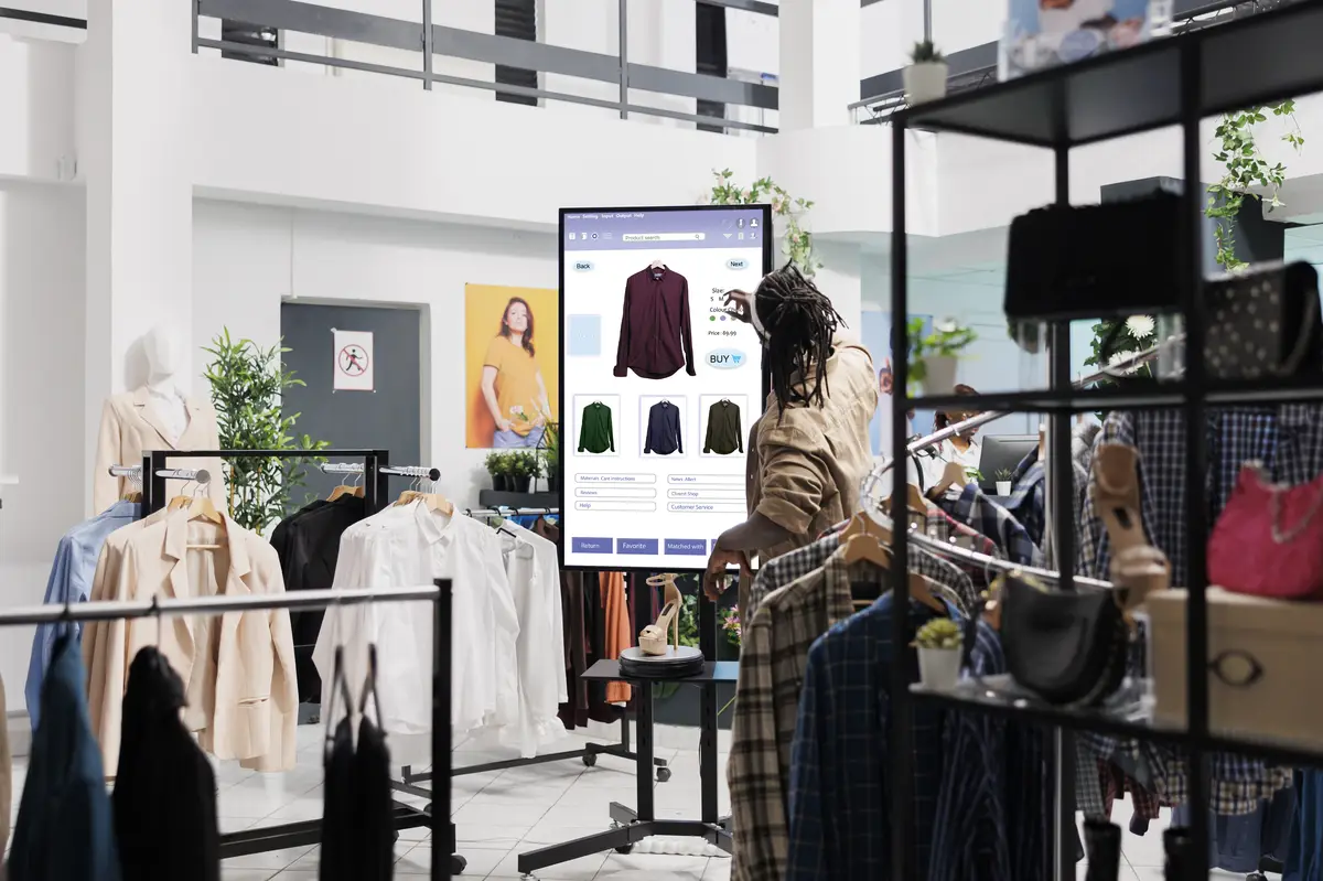 African american man looks at clothes online on touch screen monitor in fashion boutique at mall, self service board. Male customer looking for trendy clothes and items on retail kiosk display.