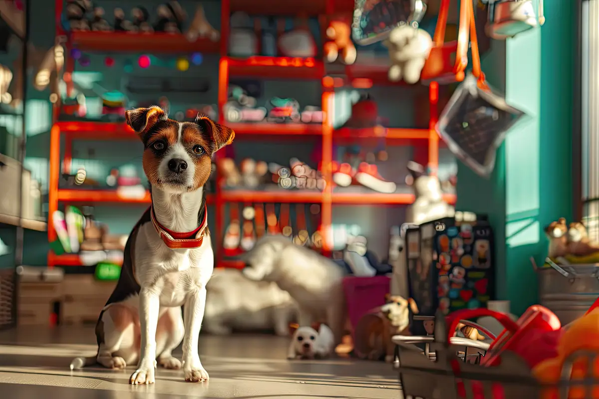 Pet Store Interior with Dog Exploring Various Accessories