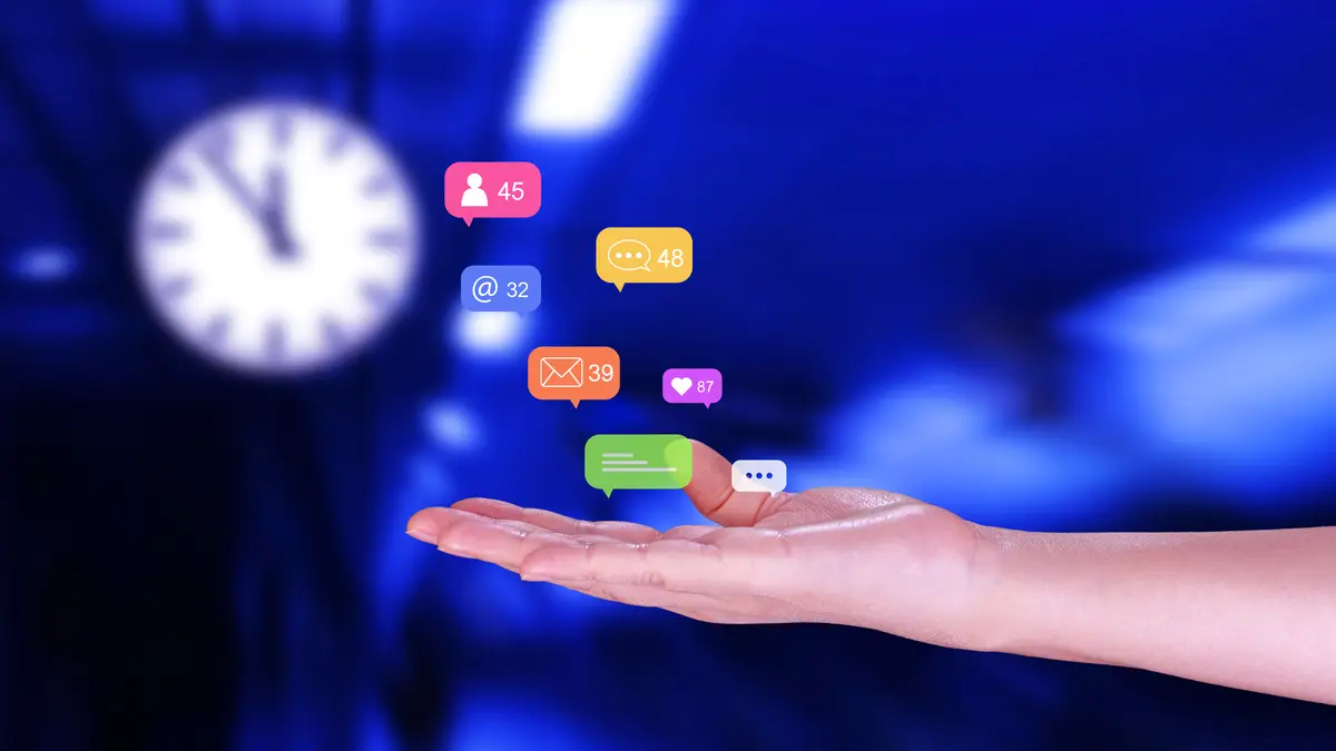 People using social media and digital online marketing concepts with icons such as notifications messages comments screen