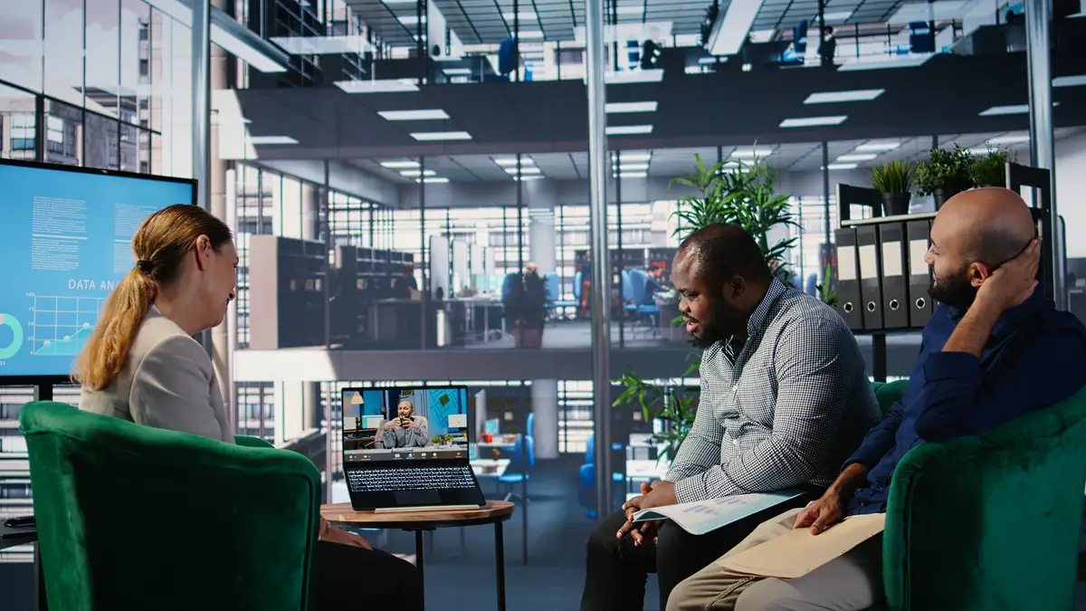 Remote briefing meeting between diverse business people in strategic partnership