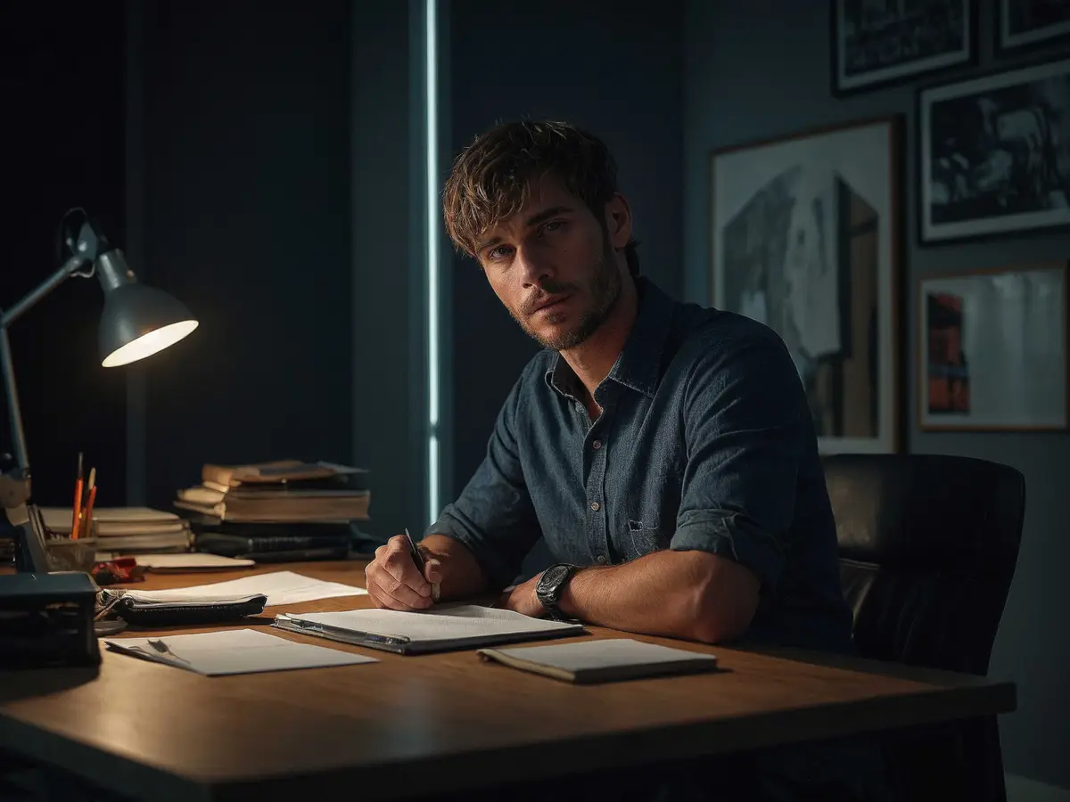 a man with a fringe Leaning against a desk with one ar 0_1