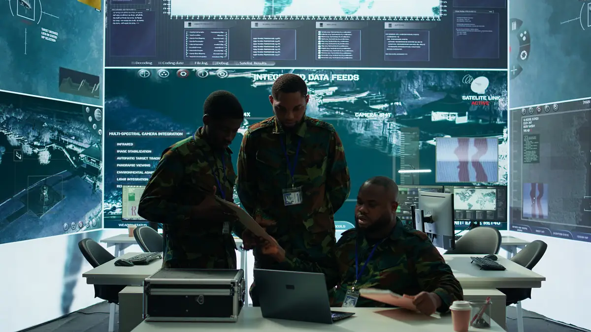 Soldiers team analyze real time data collected by surveillance system