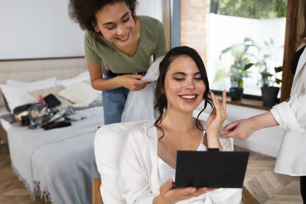 High angle happy bride wearing veil