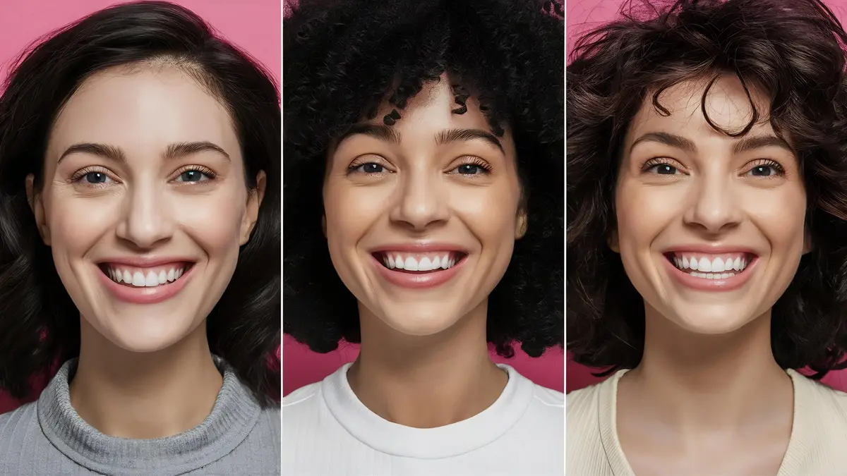 Collage with photos of woman before and after teeth whitening closeup
