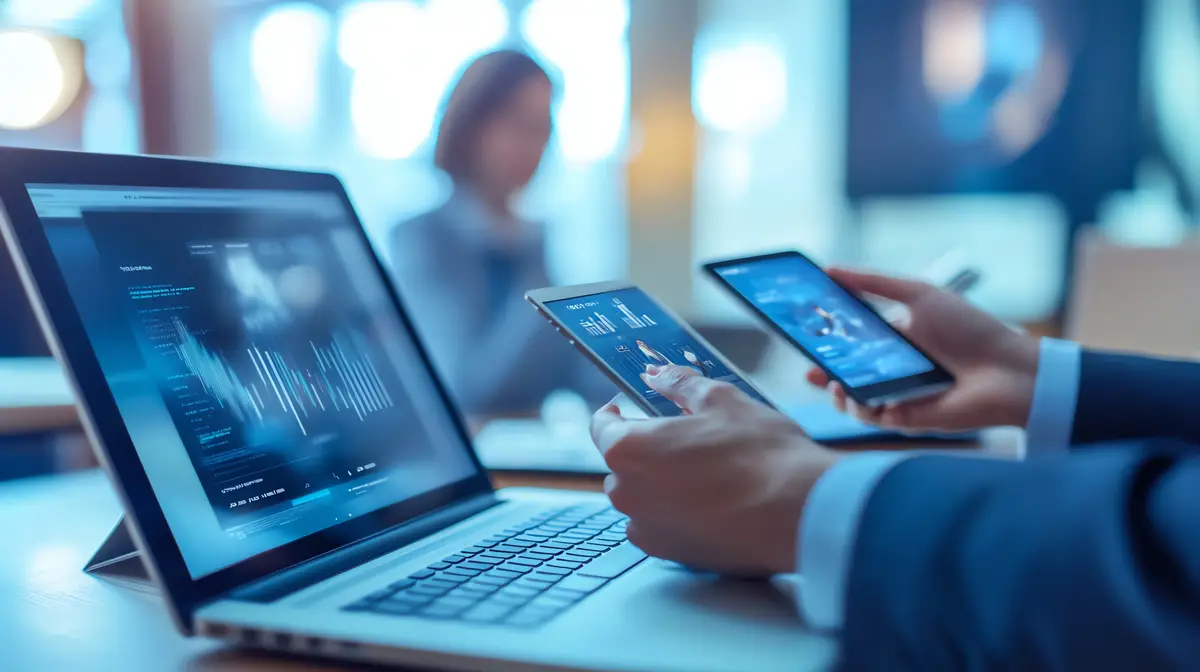 A businessman works on a laptop and tablet analyzing data and charts The blue tones of