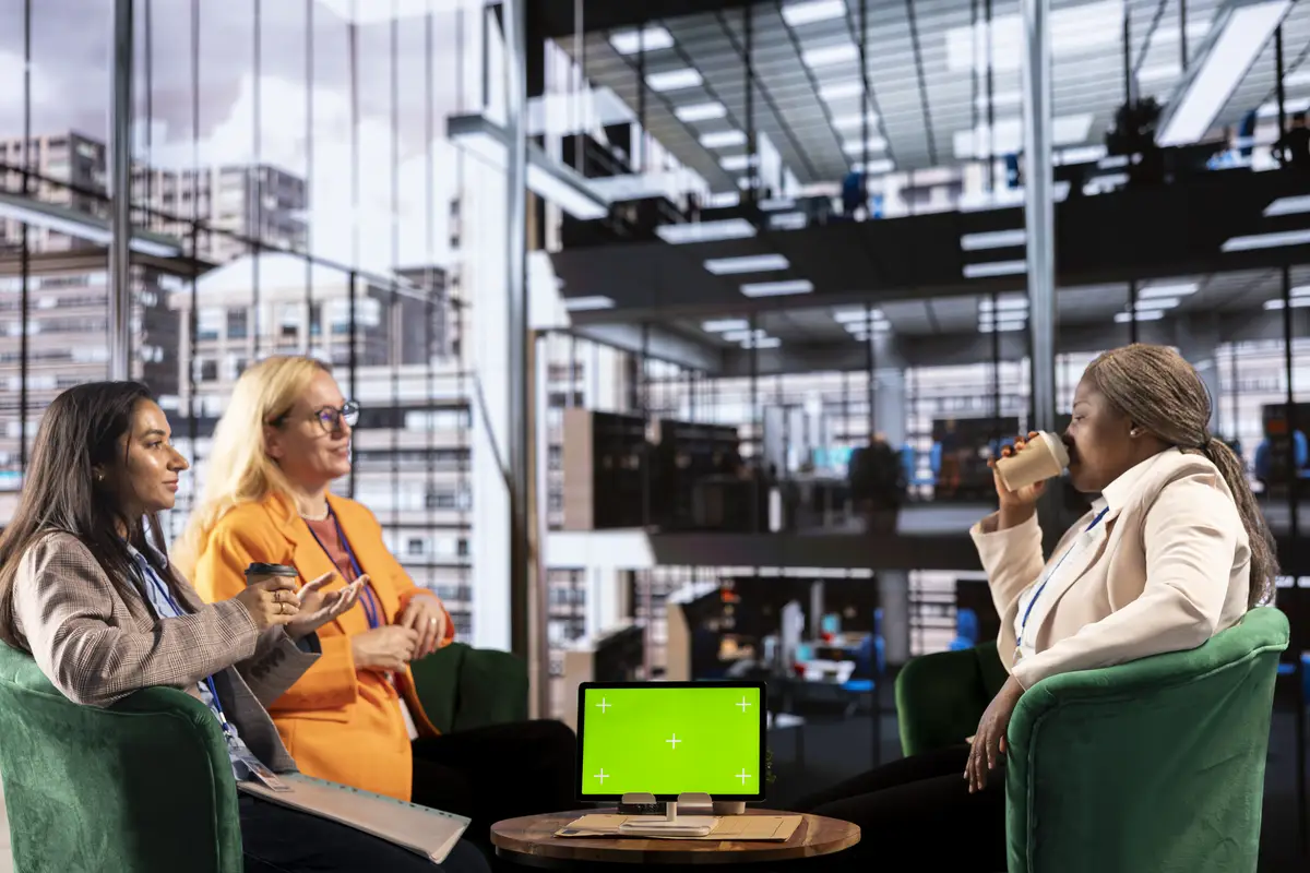 Diverse group of female colleagues ensuring goals achievement next to chroma key