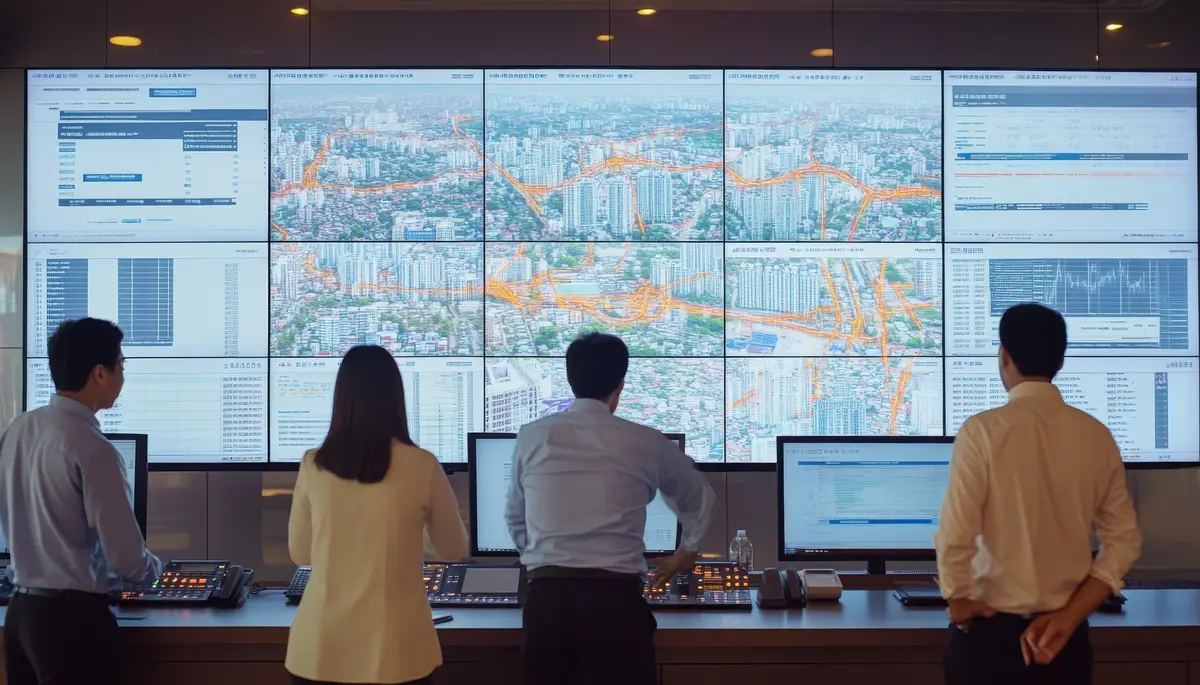 Managers evaluating transportation management software on large displays for enhanced operations