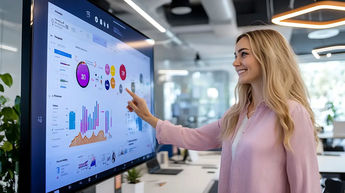 Businesswoman Presenting Data on Interactive Touchscreen Display