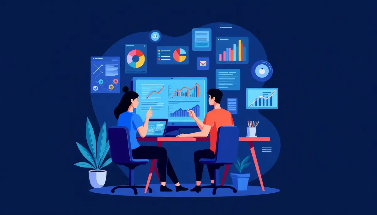 Two people are sitting at a desk with a computer monitor in front of them