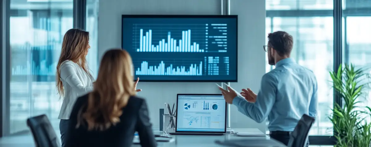 Business team analyzing data on screens during a meeting in a modern office demonstrating teamwork and strategy
