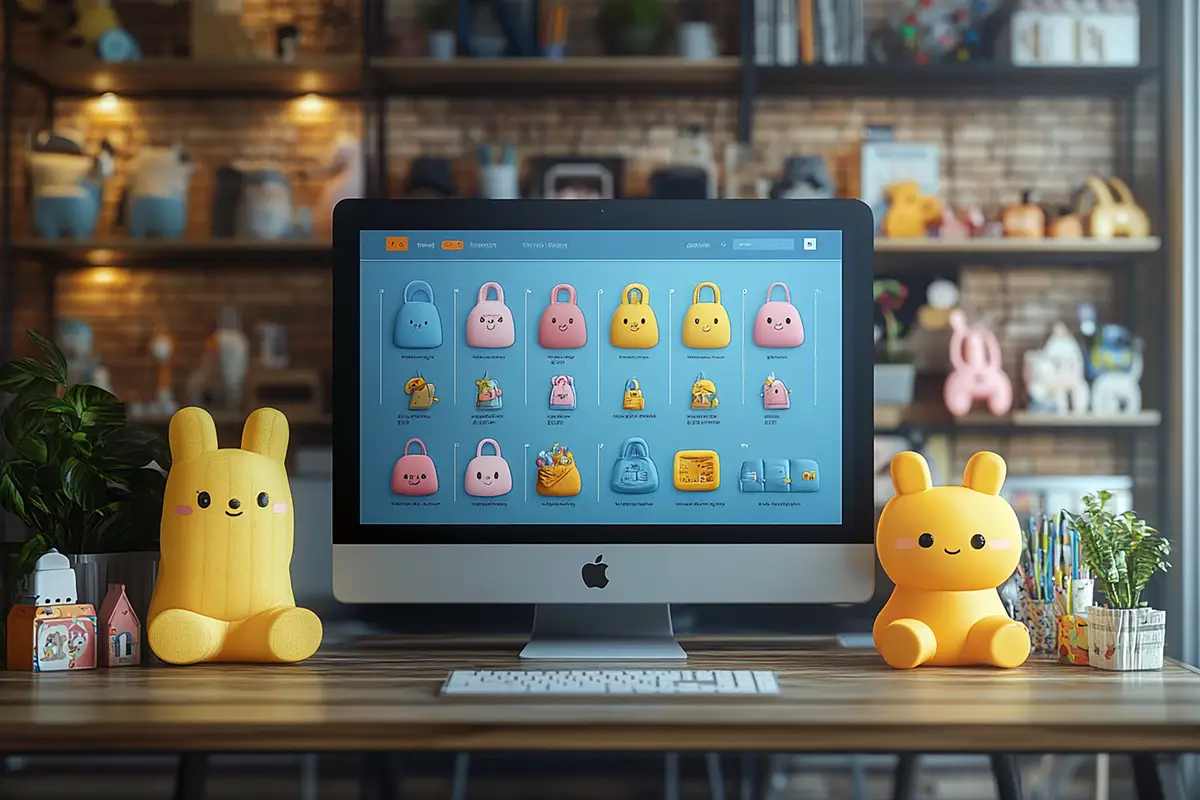 a computer monitor with a cute little yellow toy on the screen