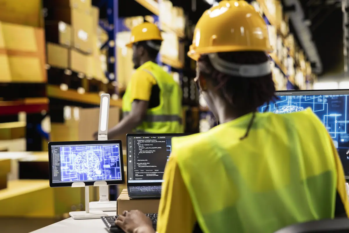 Female warehouse staff overseeing order fulfillment with AI brain support