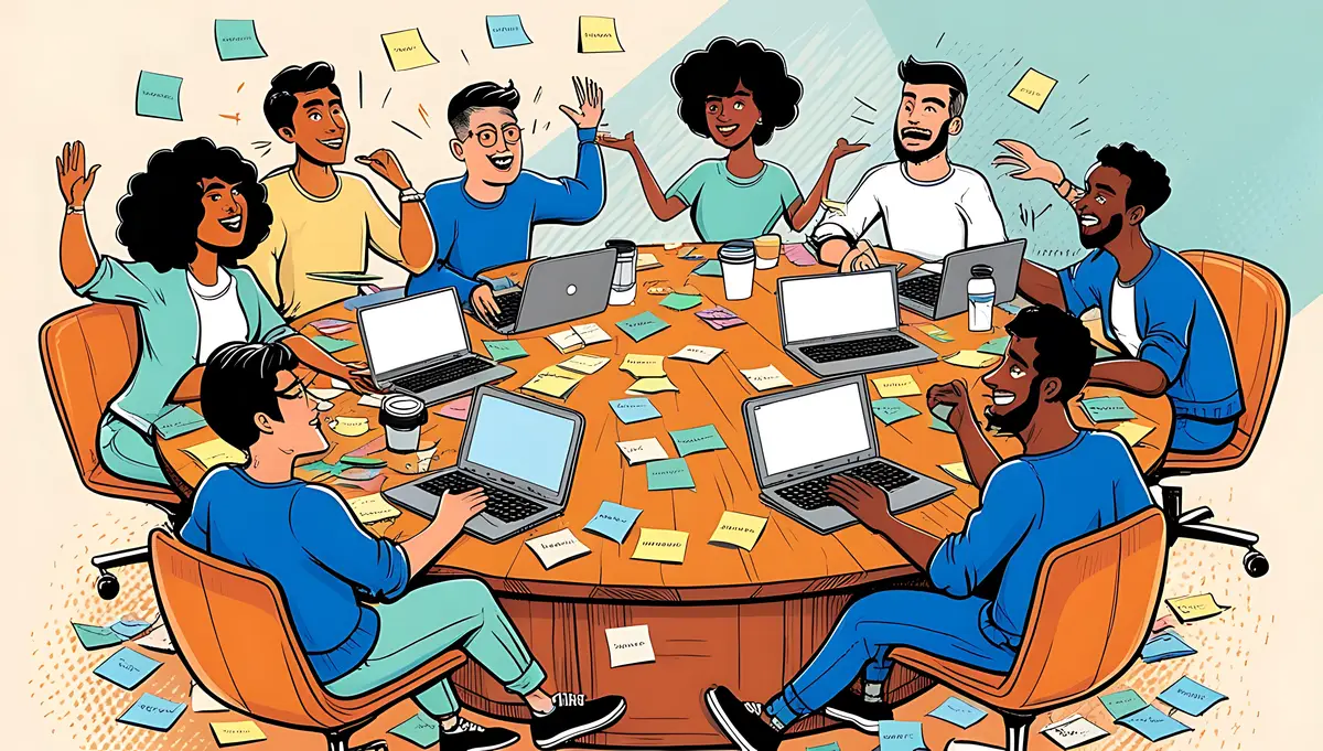 a cartoon of people sitting around a table with laptops and papers on it