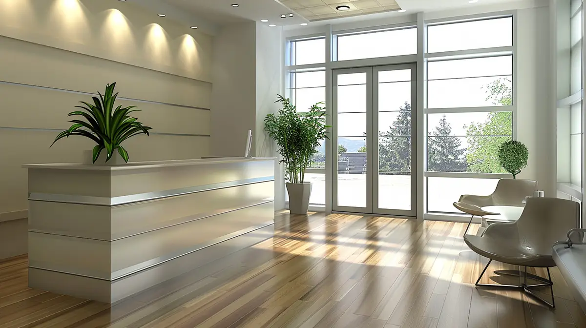 a room with a fireplace and a plant on the wall