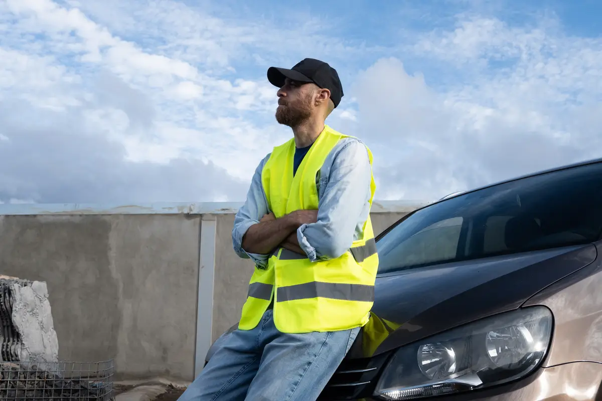 Young man wearing reflective vest beside brokendown car on roadside