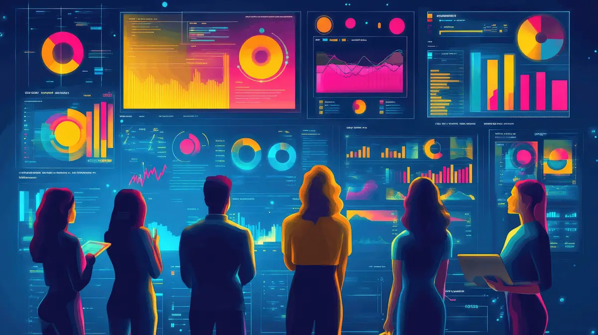 Data Analysts Reviewing Colorful Interactive Graphs and Charts on Multiple Digital Displays