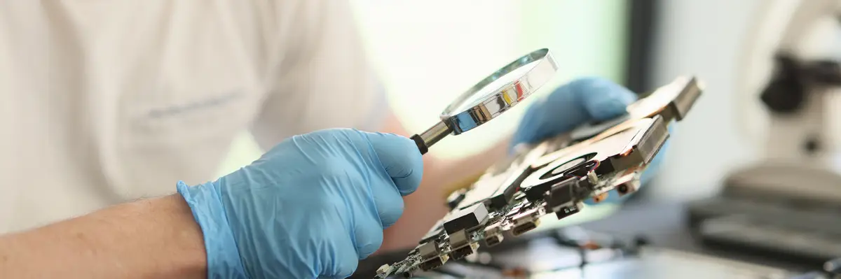 Man in rubber gloves looks at printed circuit board of laptop through magnifier glass