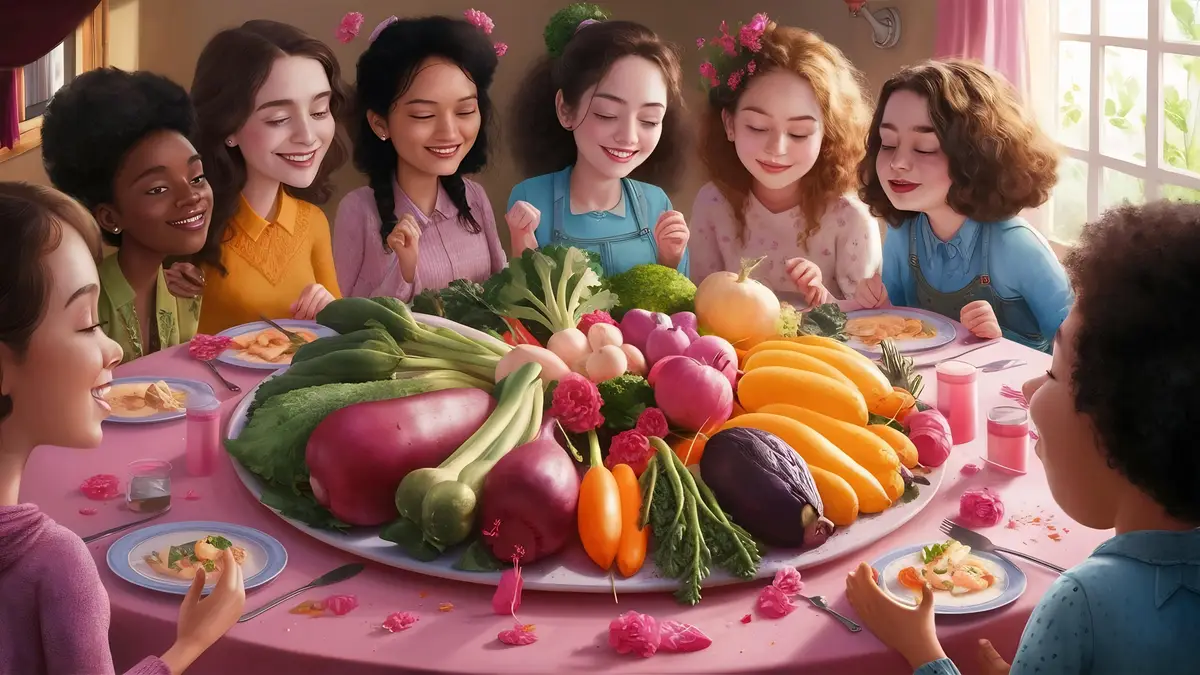 Young women like to eat vegetables on a pink