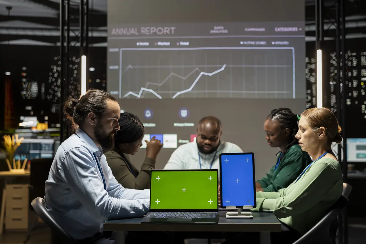 Diverse staff pitching proposals to stakeholders next to mockup during a business meeting in a dark
