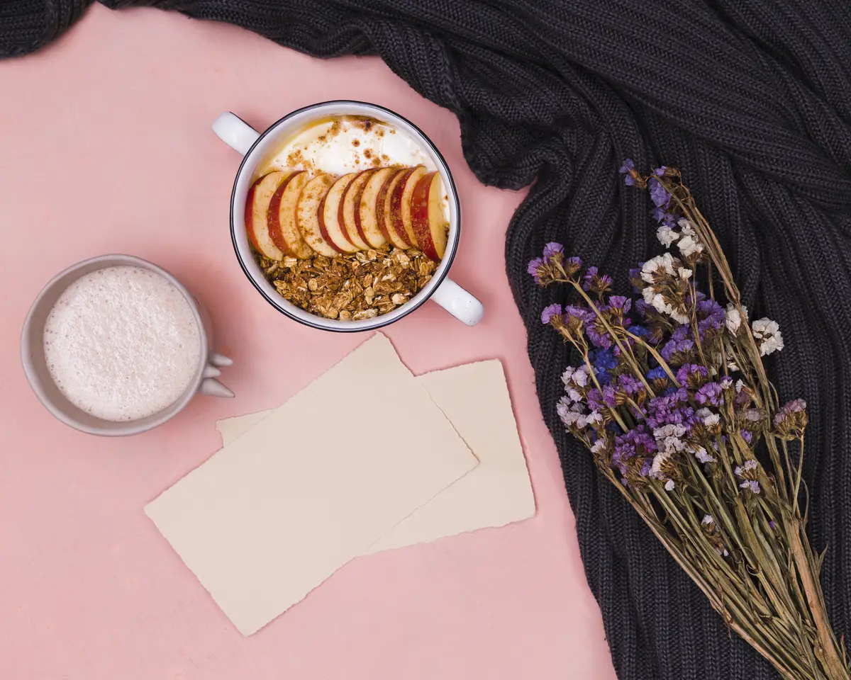 Fruit bowl and blank cards top view