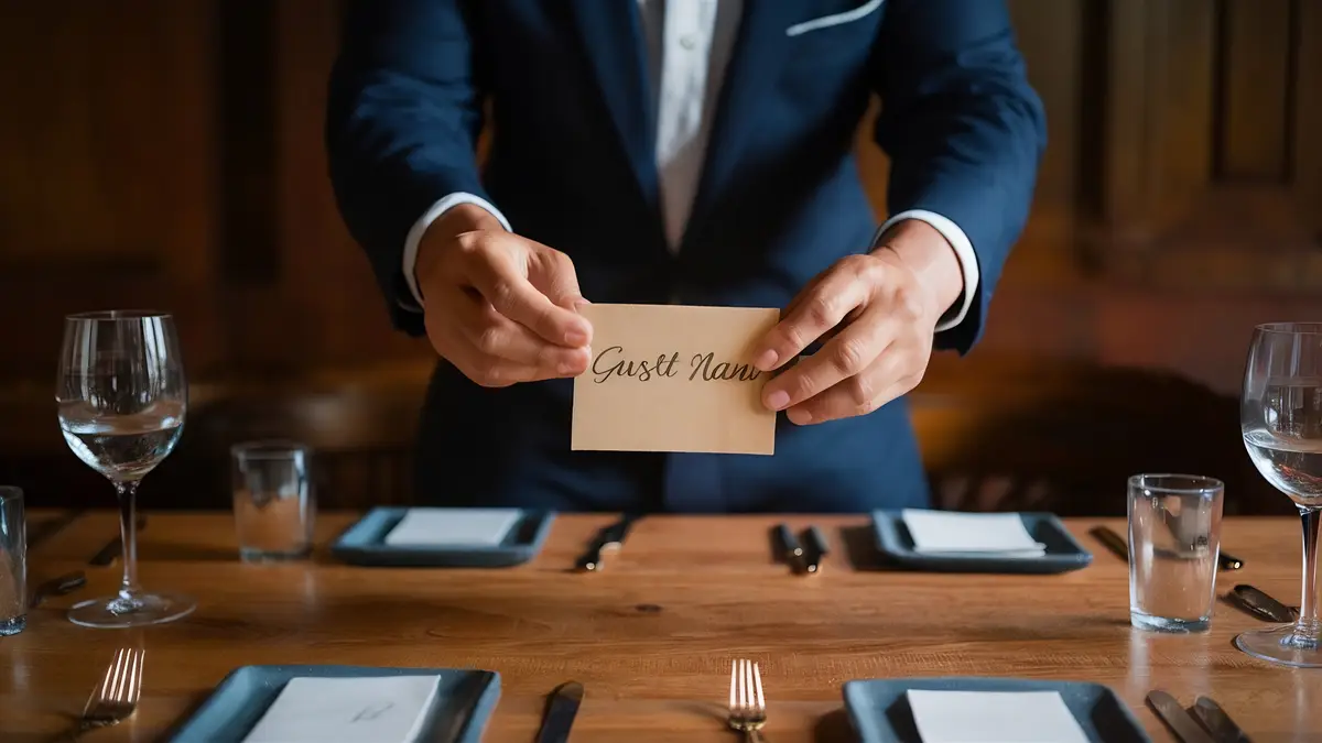 Man takes card with guest name from the table
