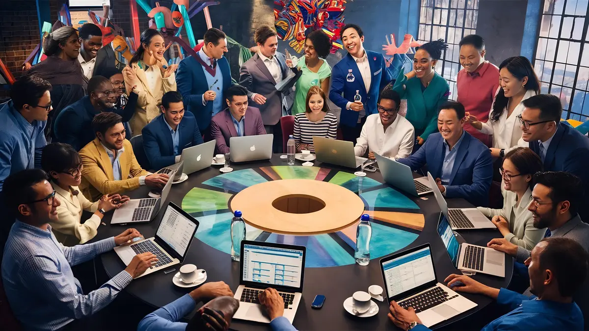 Positive startup group with laptops chatting in meeting room