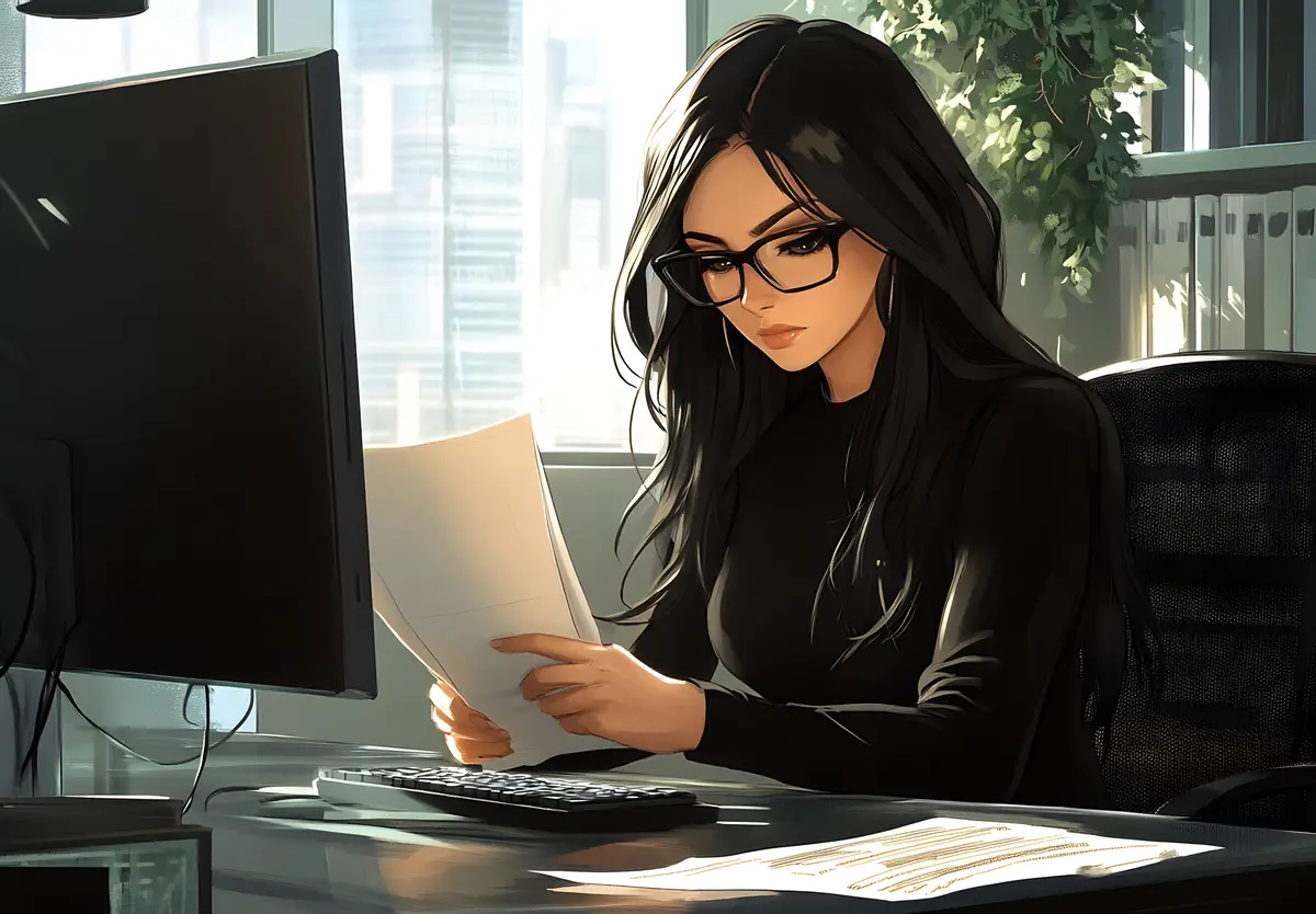 a woman is sitting at a desk with a laptop and her arms up in the air with the word joy on it