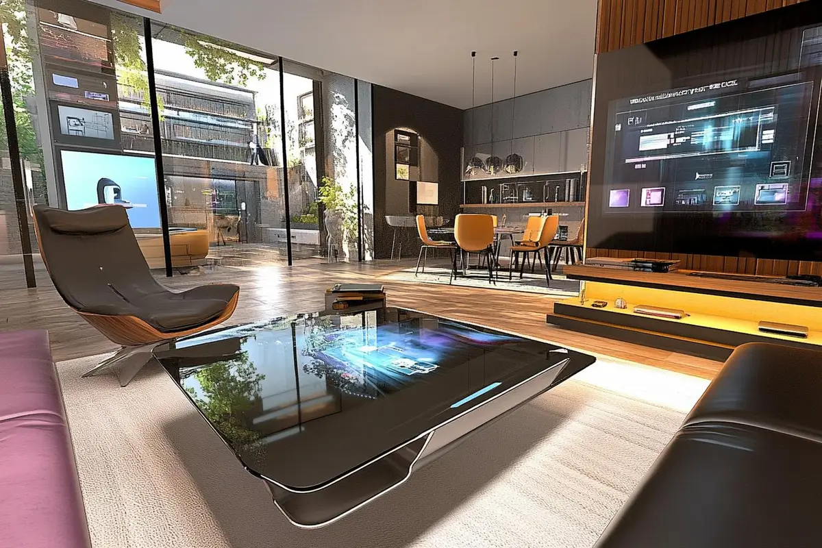 A futuristic virtual reality living space with sleek hightech furniture and interactive holographic
