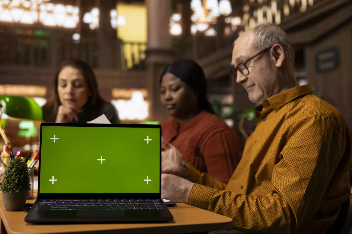 Focused group of university students read next to a green screen device