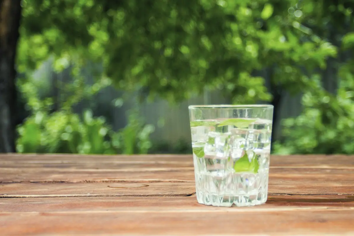 A glass with a cold refreshing drink with ice and mint leaves on a wooden table and in the background of the Garden. Concept of outdoor recreation