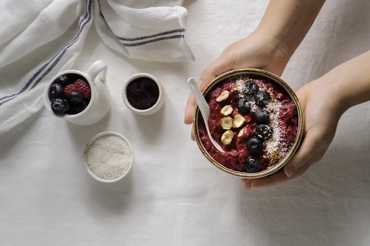 Close up on delicious acai cereal bowl