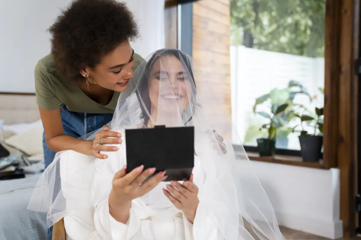 Front view smiley bride getting ready