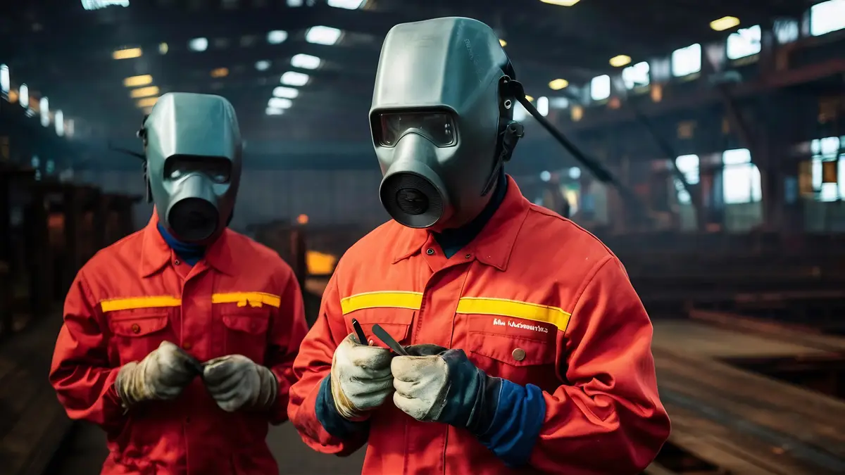 Workers wearing industrial uniforms and welded iron mask at steel welding plants